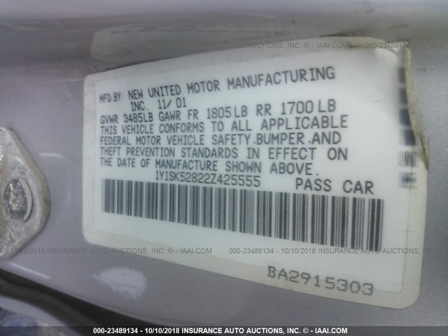 1Y1SK52822Z425555 - 2002 CHEVROLET GEO PRIZM LSI Gümüş foto 9