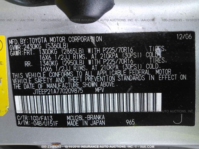 JTEEP21A770209875 - 2007 TOYOTA HIGHLANDER SPORT/LIMITED SILVER photo 9