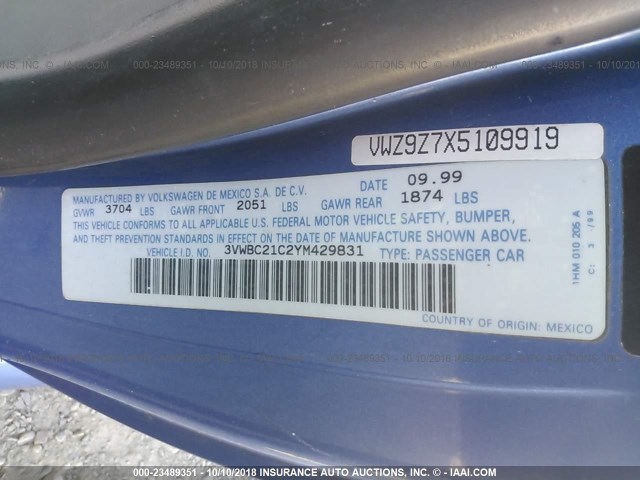 3VWBC21C2YM429831 - 2000 VOLKSWAGEN NEW BEETLE GL 蓝色 照片 9