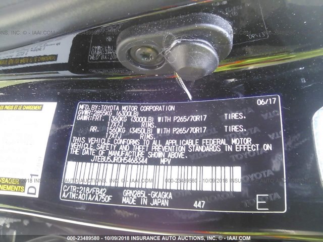 JTEBU5JR0H5468344 - 2017 TOYOTA 4RUNNER SR5 PREM/LTDL/TRAIL/TRD შავი ფოტო 9