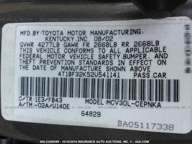 4T1BF32K52U541141 - 2002 TOYOTA CAMRY LE/XLE/SE GRAY photo 9