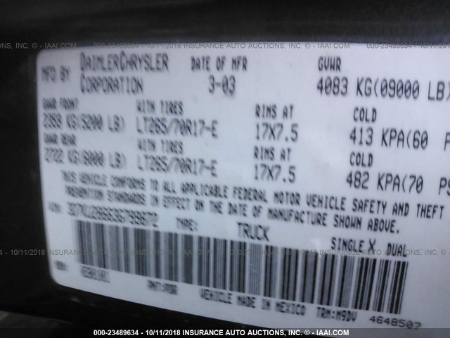 3D7KU28663G799872 - 2003 DODGE RAM 2500 ST/SLT 灰色 照片 9