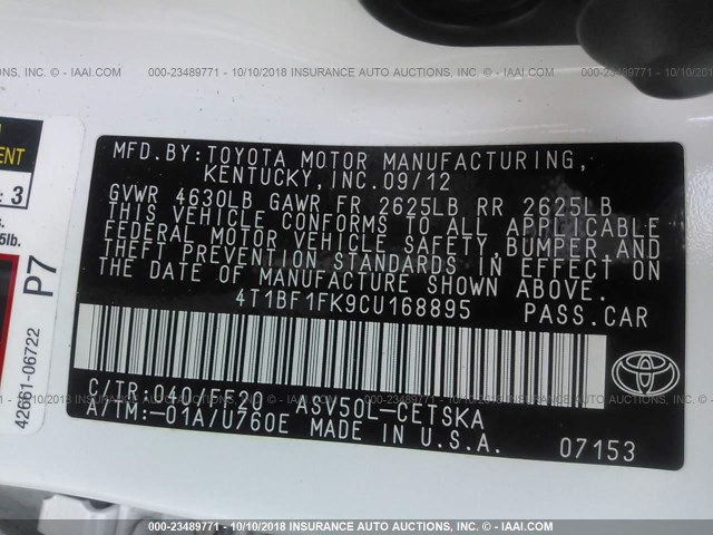 4T1BF1FK9CU168895 - 2012 TOYOTA CAMRY SE/LE/XLE WHITE photo 9