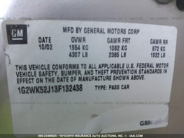 1G2WK52J13F132438 - 2003 PONTIAC GRAND PRIX SE ვერცხლისფერი ფოტო 9