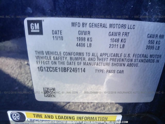 1G1ZC5E10BF249114 - 2011 CHEVROLET MALIBU 1LT BLUE photo 9