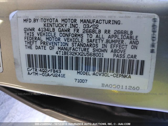 4T1BE32KX2U568001 - 2002 TOYOTA CAMRY LE/XLE/SE Champagne photo 9