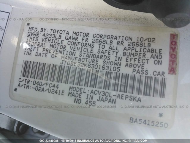 JTDBE32K630163105 - 2003 TOYOTA CAMRY LE/XLE Ақ фото 9