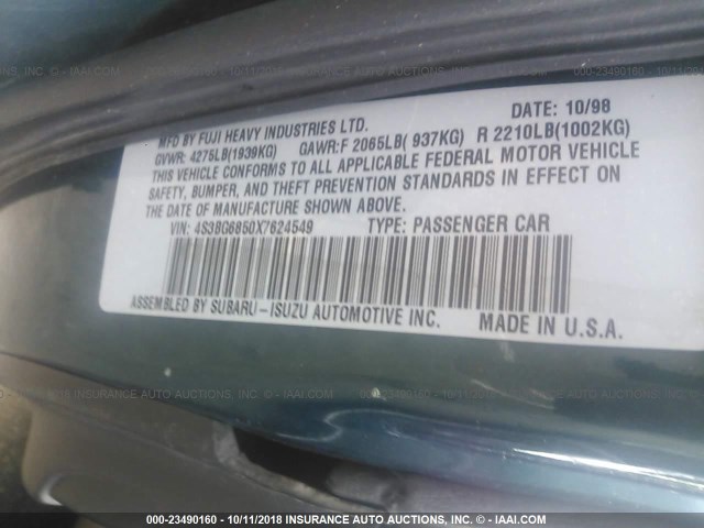 4S3BG6850X7624549 - 1999 SUBARU LEGACY OUTBACK/SSV/LIMITED/30TH GREEN photo 9