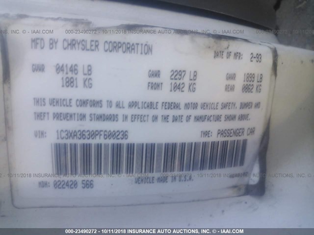 1C3XA3630PF600236 - 1993 CHRYSLER LEBARON LE A-BODY WHITE photo 9