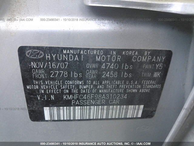 KMHFC46F98A310234 - 2008 HYUNDAI AZERA SE/LIMITED SILVER photo 9