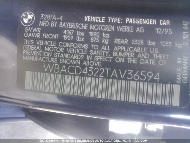 WBACD4322TAV36594 - 1996 BMW 328 I AUTOMATIC BLUE photo 9