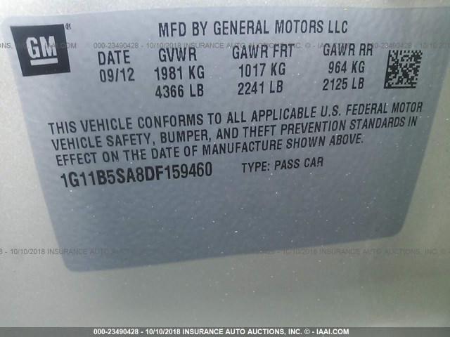 1G11B5SA8DF159460 - 2013 CHEVROLET MALIBU LS შამპანური ფოტო 9