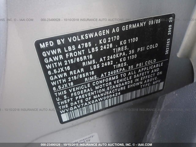 WVGAV7AX0AW000424 - 2010 VOLKSWAGEN TIGUAN S/SE/SEL SILVER photo 9