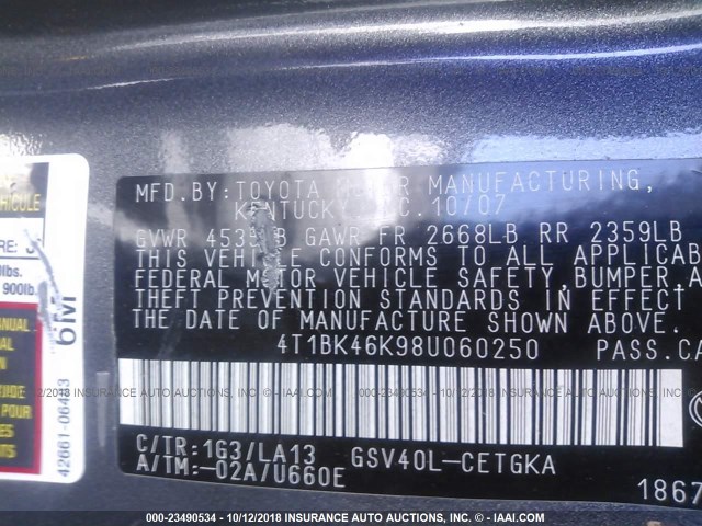 4T1BK46K98U060250 - 2008 TOYOTA CAMRY LE/XLE/SE 灰色 照片 9