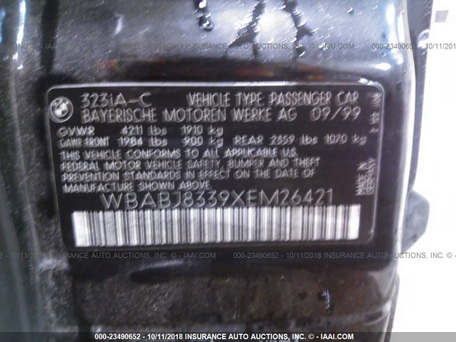 WBABJ8339XEM26421 - 1999 BMW 323 IC AUTOMATIC BLACK photo 9