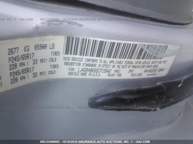 1J4GR48K65C715642 - 2005 JEEP GRAND CHEROKEE LAREDO/COLUMBIA/FREEDOM 银色 照片 9