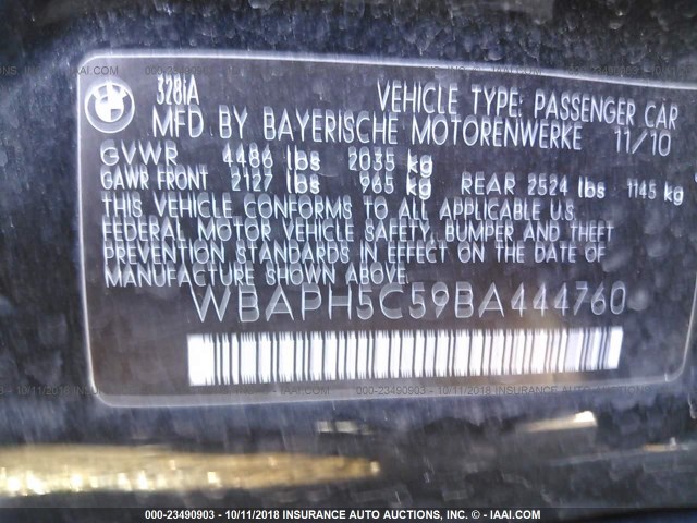 WBAPH5C59BA444760 - 2011 BMW 328 I SULEV BLACK photo 9