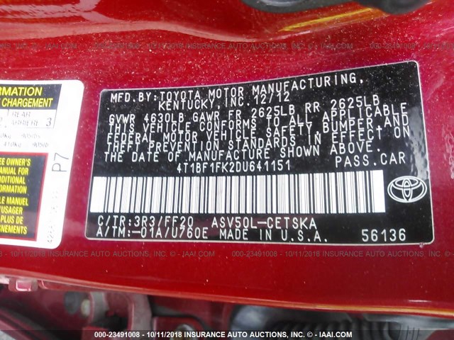 4T1BF1FK2DU641151 - 2013 TOYOTA CAMRY L/SE/LE/XLE Qırmızı foto 9