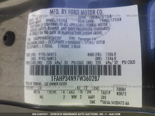 1FAHP34N97W360287 - 2007 FORD FOCUS ZX4/S/SE/SES 灰色 照片 9