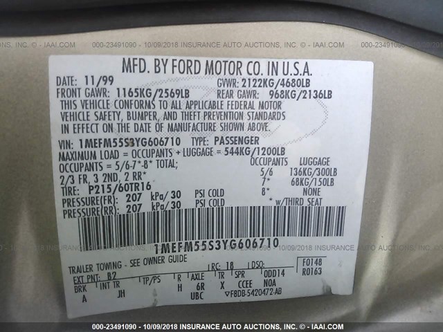 1MEFM55S3YG606710 - 2000 MERCURY SABLE LS PREMIUM GOLD photo 9