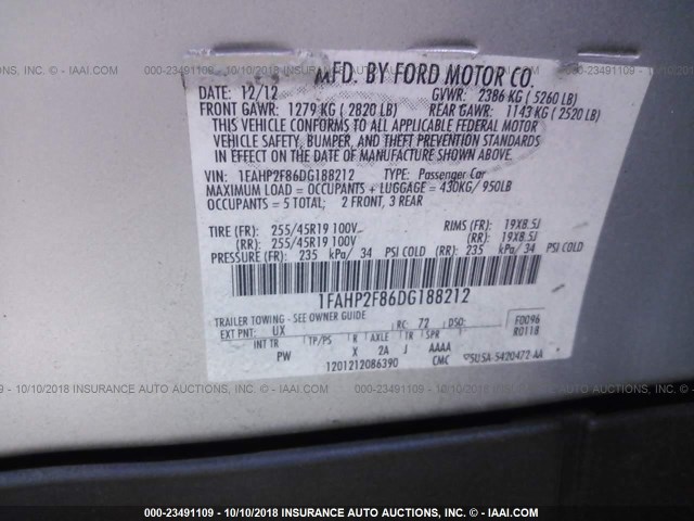 1FAHP2F86DG188212 - 2013 FORD TAURUS LIMITED SILVER photo 9