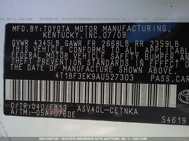 4T1BF3EK9AU527303 - 2010 TOYOTA CAMRY SE/LE/XLE თეთრი ფოტო 9