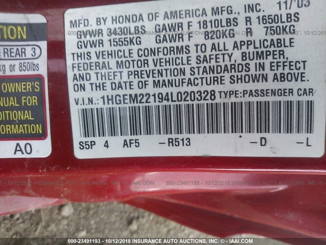 1HGEM22194L020328 - 2004 HONDA CIVIC DX VP RED photo 9