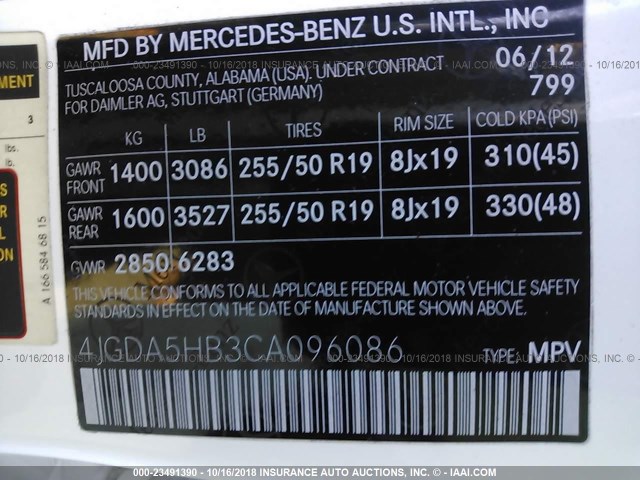 4JGDA5HB3CA096086 - 2012 MERCEDES-BENZ ML 350 4MATIC WHITE photo 9