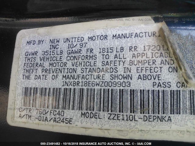 1NXBR18E6WZ009903 - 1998 TOYOTA COROLLA VE/CE/LE GREEN photo 9