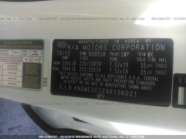 KNDME5C12G6156021 - 2016 KIA SEDONA SXL WHITE photo 9