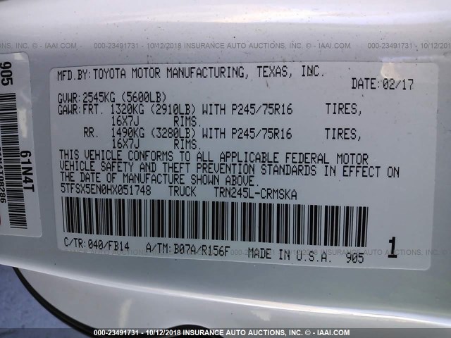 5TFSX5EN0HX051748 - 2017 TOYOTA TACOMA ACCESS CAB/SR/SR5 WHITE photo 9