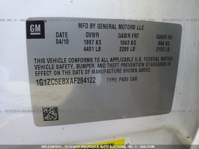 1G1ZC5EBXAF284122 - 2010 CHEVROLET MALIBU 1LT WHITE photo 9