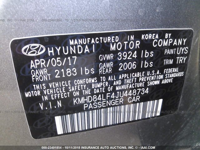 KMHD84LF4JU448734 - 2018 HYUNDAI ELANTRA SEL/VALUE/LIMITED GRAY photo 9