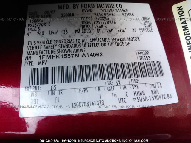 1FMFK15578LA14062 - 2008 FORD EXPEDITION EL XLT RED photo 9