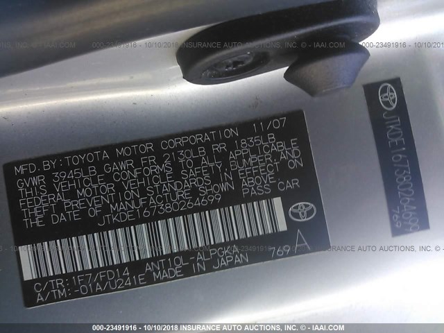 JTKDE167380264699 - 2008 TOYOTA SCION TC 银色 照片 9