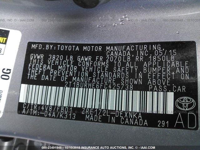 2T1BURHE6FC425738 - 2015 TOYOTA COROLLA L/LE/LE PLS/PRM/S/S PLS GRAY photo 9