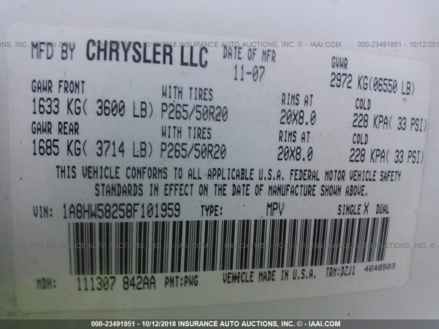 1A8HW58258F101959 - 2008 CHRYSLER ASPEN LIMITED CREAM photo 9