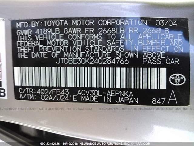 JTDBE30K240284766 - 2004 TOYOTA CAMRY LE/XLE GOLD photo 9