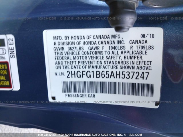 2HGFG1B65AH537247 - 2010 HONDA CIVIC LX BLUE photo 9