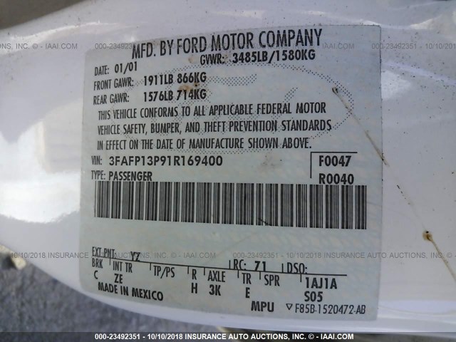 3FAFP13P91R169400 - 2001 FORD ESCORT WHITE photo 9