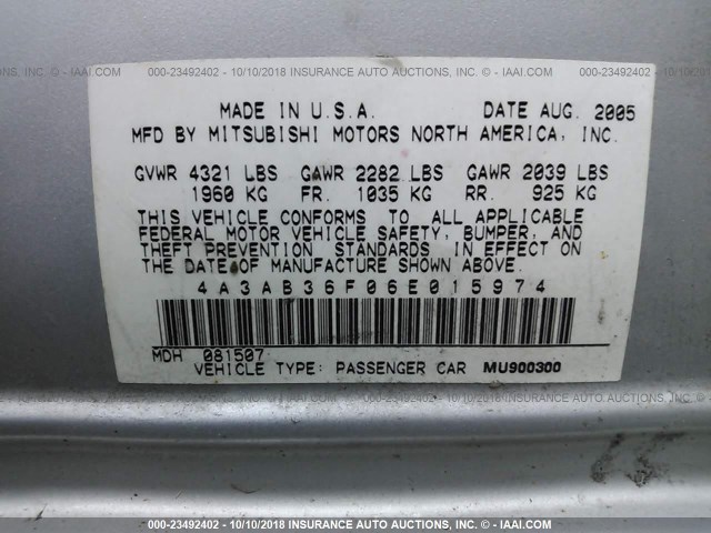 4A3AB36F06E015974 - 2006 MITSUBISHI GALANT ES MEDIUM/LS MEDIUM SILVER photo 9