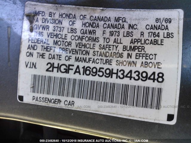 2HGFA16959H343948 - 2009 HONDA CIVIC EXL GRAY photo 9