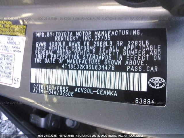 4T1BE32K95U631478 - 2005 TOYOTA CAMRY LE/XLE/SE Сұр фото 9