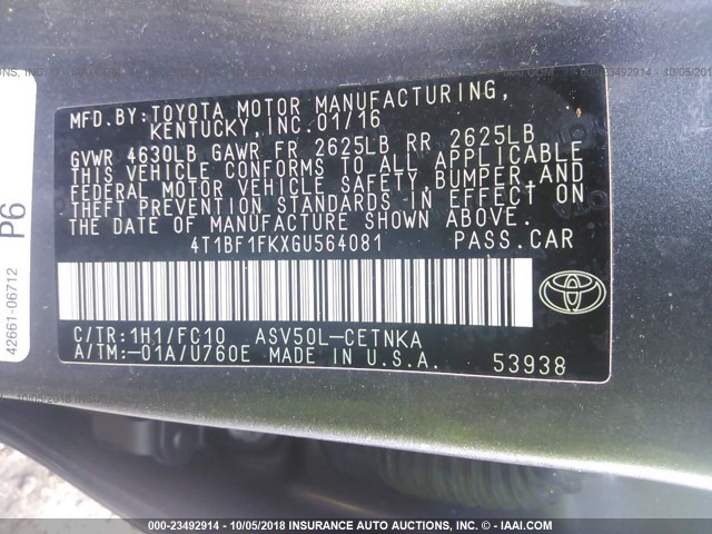 4T1BF1FKXGU564081 - 2016 TOYOTA CAMRY LE/XLE/SE/XSE 灰色 照片 9