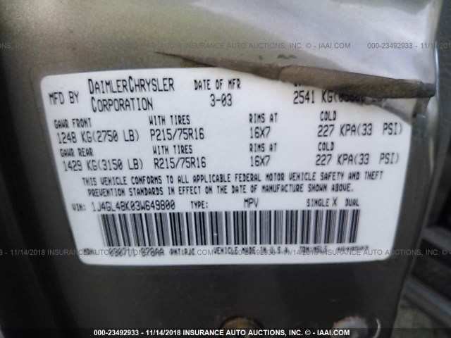 1J4GL48K03W649800 - 2003 JEEP LIBERTY SPORT/FREEDOM თაფლისფერი ფოტო 9