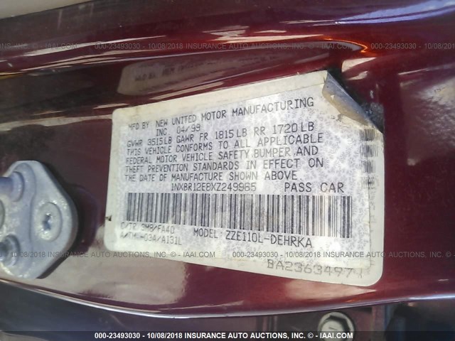 1NXBR12E8XZ249965 - 1999 TOYOTA COROLLA VE/CE/LE 勃艮第红 照片 9