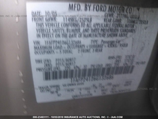 1FAFP24126G132686 - 2006 FORD FIVE HUNDRED SEL GRAY photo 9