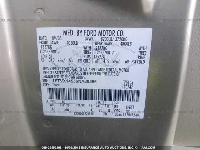 1FTVX14536NA38556 - 2006 FORD F150 TAN photo 9