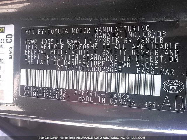 2T1KE40E09C023648 - 2009 TOYOTA COROLLA MATRIX S GRAY photo 9