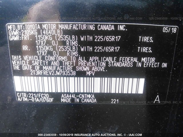 2T3RFREV2JW793538 - 2018 TOYOTA RAV4 ADVENTURE/XLE 深蓝色 照片 9